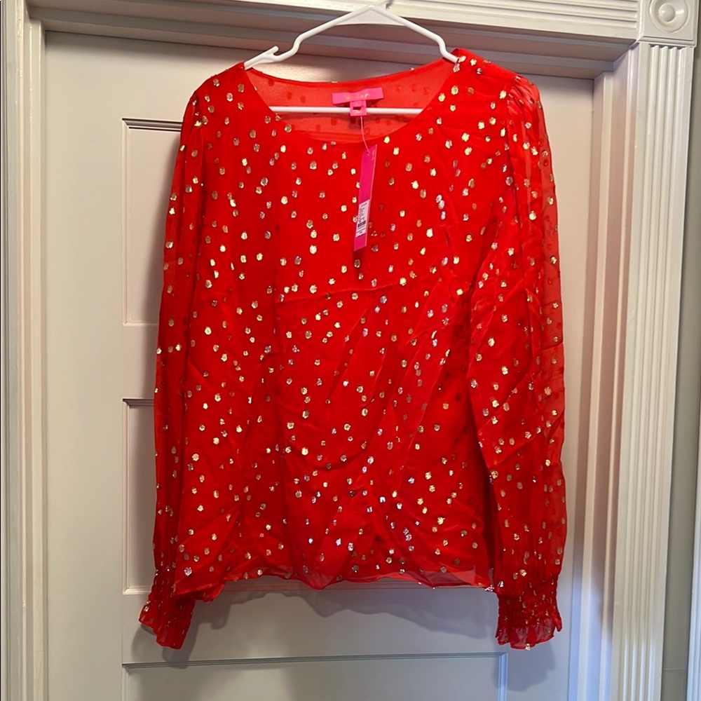 Lilly Pulitzer Red and Gold Ruffled Long Sleeve Blouse